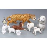 Beswick leopard and lambs, Hollohaza bird, Lladro panda, Nao polar bears etc, tallest 17cm