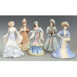 Four Coalport figurines in matt glaze and a Danbury Mint figurine, tallest 22cm