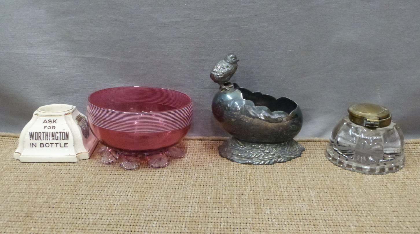 'Ask for Worthington in bottle' matchstriker, cranberry glass footed bowl, inkwell and a plated