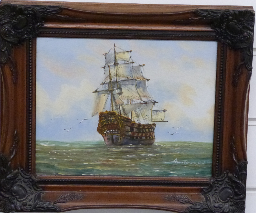 Three oil paintings of ships on quiet seas, two signed Ambrose 20 x 24cm and 24 x 29cm, and the - Image 7 of 9
