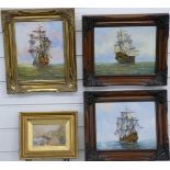 Three oil paintings of ships on quiet seas, two signed Ambrose 20 x 24cm and 24 x 29cm, and the