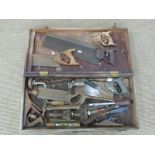 A collection of woodworking tools including S J plane, spanners, power tools etc