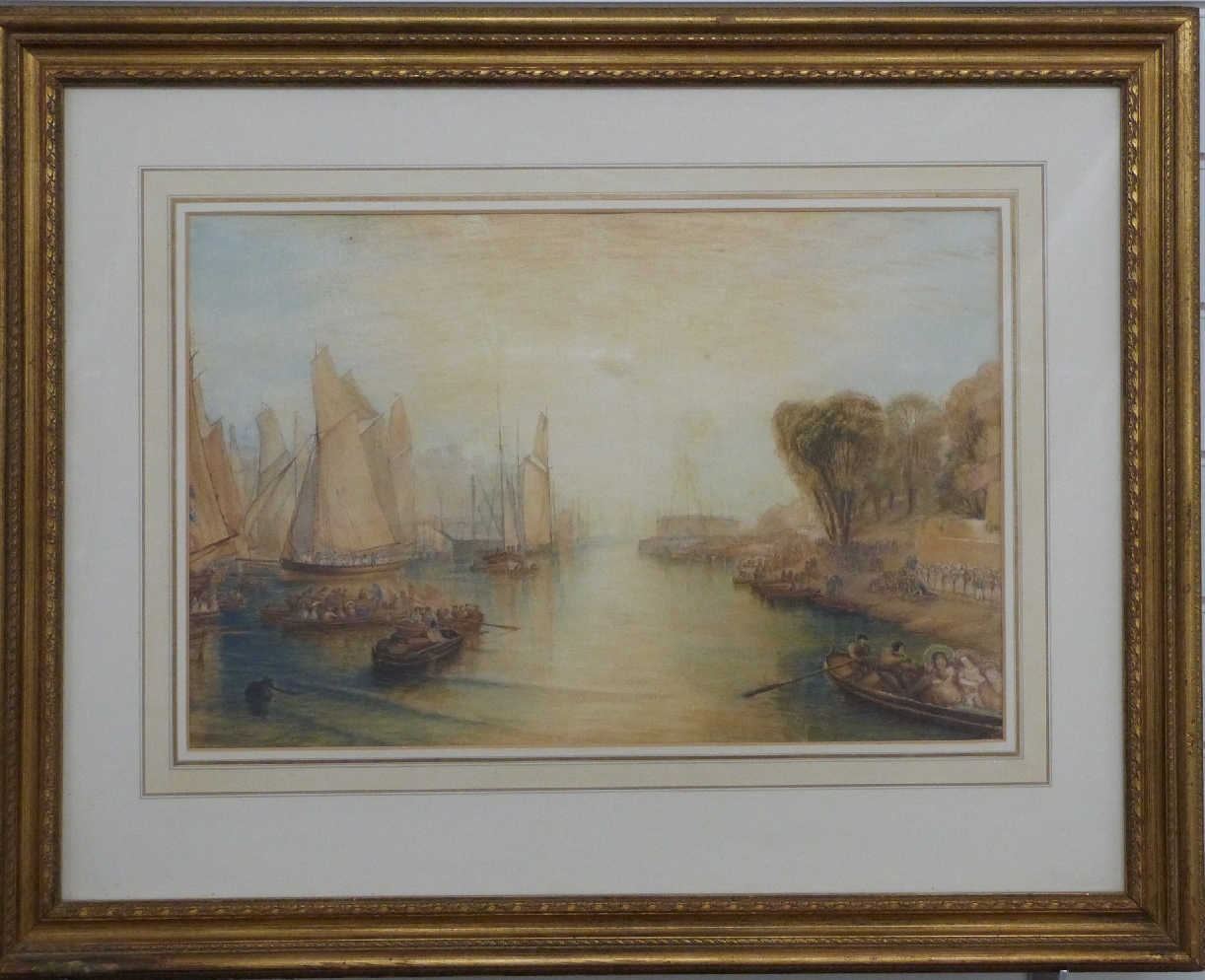 18th/19thC watercolour maritime regatta scene of sailors boarding ships, framed and glazed, 35 x - Image 2 of 3