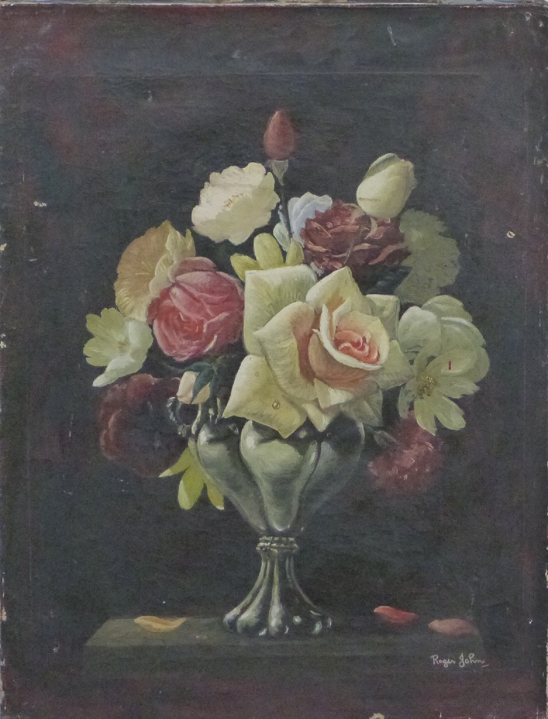 Oil on canvas still life  vase of flowers, signed lower right Roger John (possibly Roger John