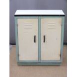 A retro metal kitchen cabinet with two vented doors W77 D36 H89cm ex Cinderford Chapel, Forest of
