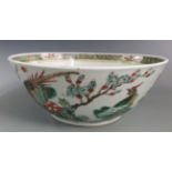 Chinese famille verte bowl with bird and floral decoration, 27cm diameter