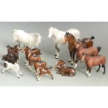 Beswick horses and foals including brown Hackney, grey mare facing right etc, tallest 19cm