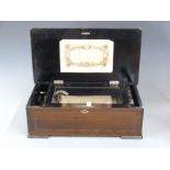 Late 19thC Swiss 8 air musical box with zither attachment and tune sheet to inside of lid, length of