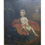 18thC / 19thC oil on canvas of Ann Savage (1745-1816) with her adult head on a child's body. Ann