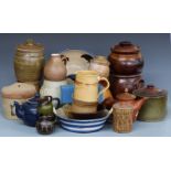 A collection of studio, retro and vintage pottery including Monroa Salt Works bowl, salt container