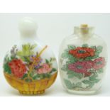 Chinese enamelled scent bottle and a reverse painted glass scent bottle both with decoration