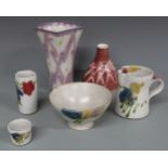 Janice Tchalenko pottery items including a jug, pedestal bowl etc, and one other, mark indistinct
