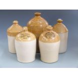 Five vintage stoneware flagons with impressed marks for Henry Baker Bath, Cheltenham Brewery, Arnold
