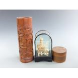 Chinese carved bamboo brush pot, cork model in case and a container of coasters, tallest 31cm