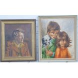 Retro/kitsch acrylic of two children with a pet dog, indistinctly signed Majda K and dated Paris