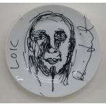 Damien Hirst (b1965) permanent marker on ceramic plate portrait of Loic Bonbonny, who worked for