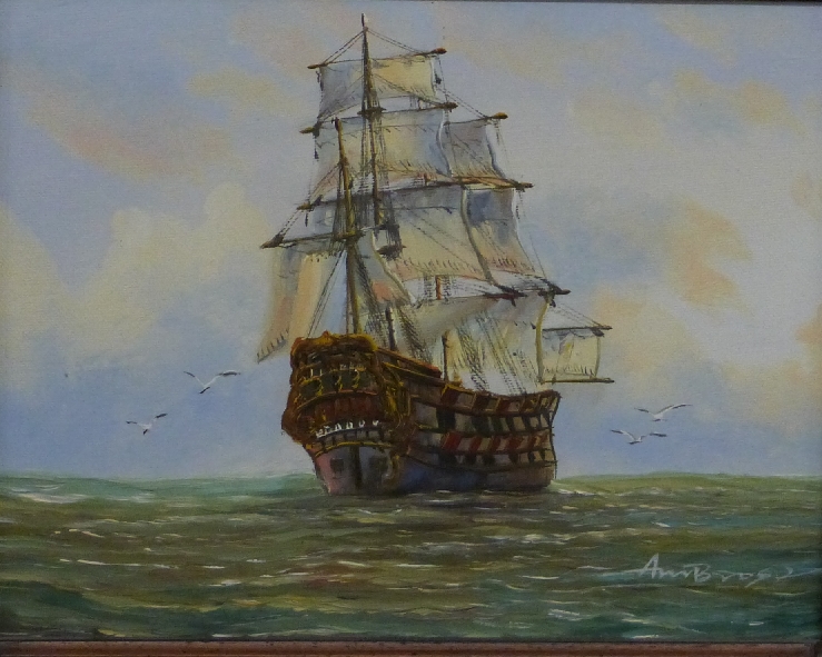 Three oil paintings of ships on quiet seas, two signed Ambrose 20 x 24cm and 24 x 29cm, and the - Image 6 of 9