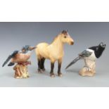 Beswick Highland pony from the Mountain and Moorland Series, magpie and kingfisher, tallest 17cm