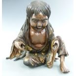 Japanese bronze figure of a young man with textured and gilt decoration, signed to base, H16.5cm