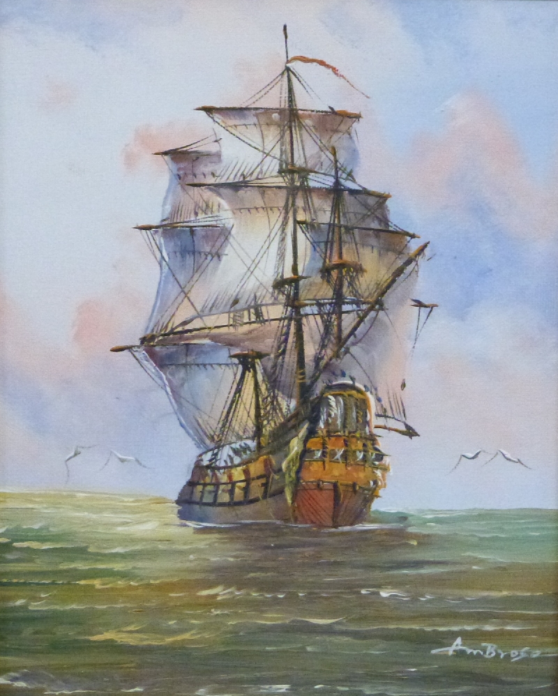 Three oil paintings of ships on quiet seas, two signed Ambrose 20 x 24cm and 24 x 29cm, and the - Image 4 of 9