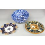 Meissen leaf plate, Austrian majolica charger and a large Japanese pedestal bowl, maximum diameter