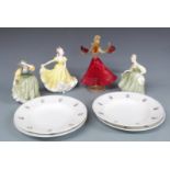 Three Royal Doulton figurines Ninette, Buttercup and Fair Lady and a Murano glass figure, tallest