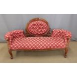 Victorian style mahogany framed upholstered sofa with decorative button back, L196cm