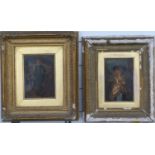 Pair of 18th/19thC portraits on panel lady and gentleman in period dress, 18 x 13cm, in ornate