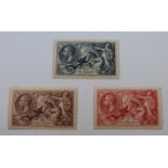 Great Britain 1934 Seahorses, 2s 6d chocolate brown, 5s bright rose red and 10s indigo, all mint