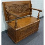 Early 20thC carved oak monk's bench, W107 x D58 x H104cm