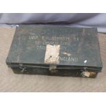 A twin handled military metal trunk and three vintage leather suitcases, one khaki covered, kit