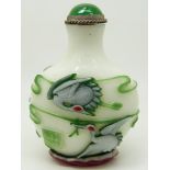 Chinese glass overlay scent bottle with decoration depicting storks, 6.5cm tall