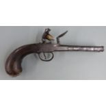 L Parr Queen Ann flintlock double barrelled side by side pistol with silver wire inlaid walnut