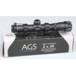 AGS Cobalt Redi-Mount 2x20 air pistol scope with 22mm & medium double clamp mounts, in original box.