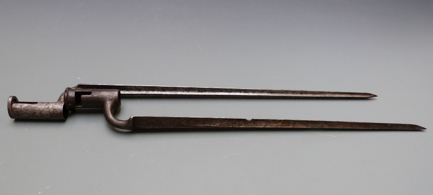 British 1842 pattern socket bayonet with 43cm blade together with a 47.5cm cruciform blade example