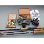 Three salmon fly/spinning rods, Leeda salmon fly reel with line and spare spool, spinners,