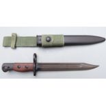 British No5 Mk1 bayonet with wooden grips, 20cm fullered bowie blade, scabbard and frog