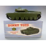 Dinky Toys diecast model Centurion Tank with green body and rubber tracks, 651, in original box.