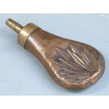 Copper and brass pistol or revolver powder flask with embossed decoration to both sides, 11cm long.