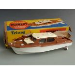 Tri-ang Derwent electric 14" Cabin Cruiser with brown deck, cream roof and white hull, in original