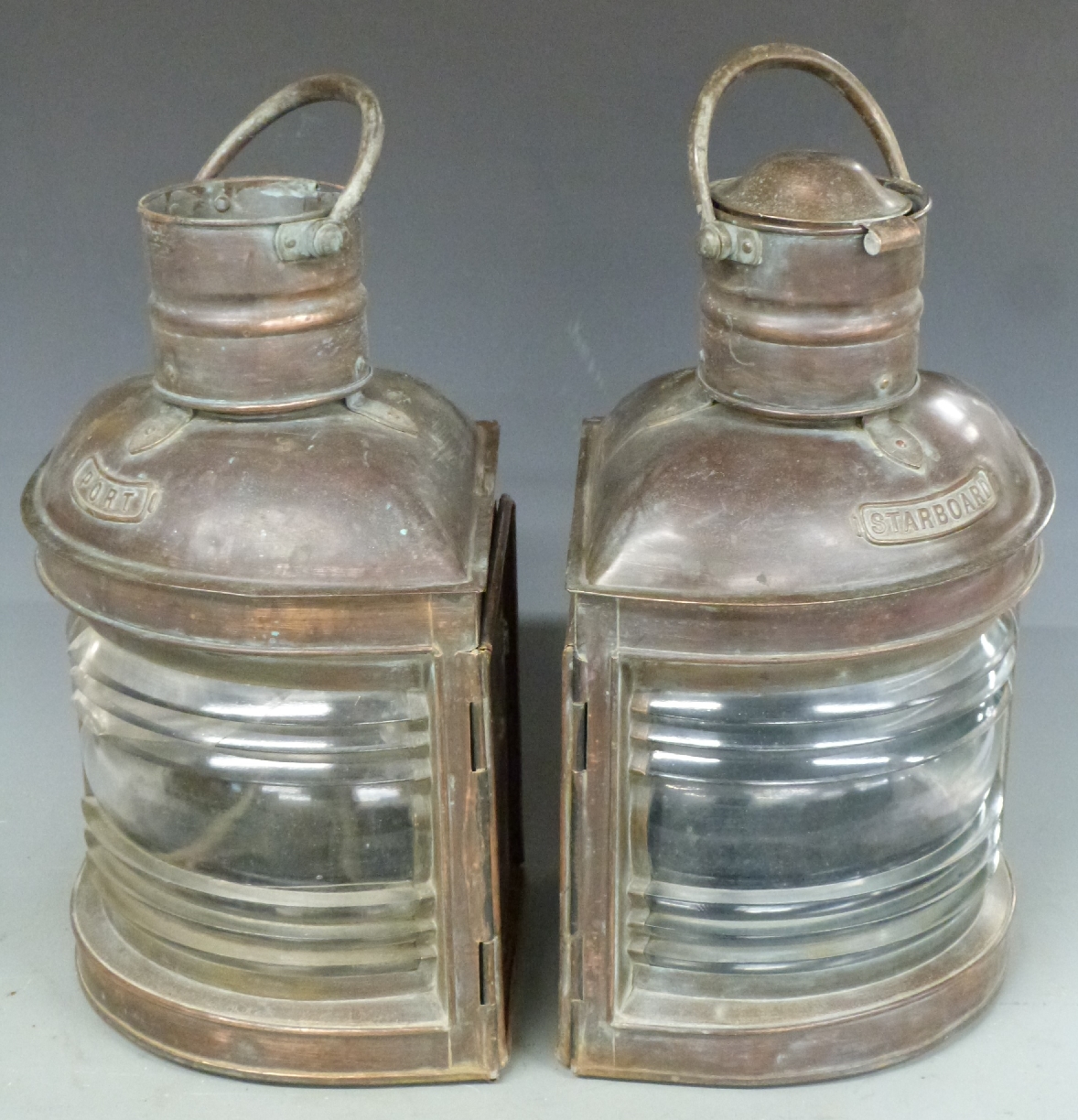 Pair of copper Port and Starboard ship's lamps, height 53cm