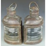 Pair of copper Port and Starboard ship's lamps, height 53cm