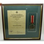 German Third Reich Nazi Iron Cross medal, framed and mounted with certificate