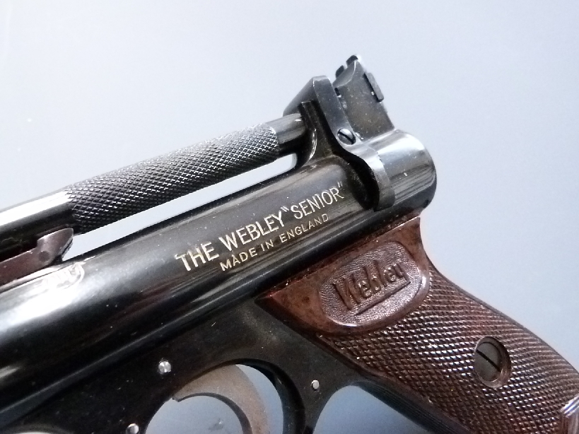 Webley Senior .22 air pistol with named and chequered Bakelite grips serial number 905, in - Image 2 of 4