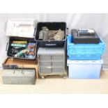 A very large quantity of tools, hardware, door furniture, Clarke Air kit 400, Stilsons, lamps,