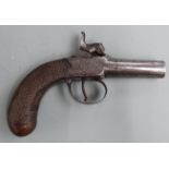 Unnamed percussion hammer action pocket or muff pistol with engraved lock, hammer and top strap,