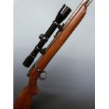 BSA .22LR bolt-action rifle with semi-pistol grip, Bokson 4x32 scope and 25 inch barrel, overall