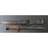 German KS98 pattern bayonet with wooden grips, 25cm fullered blade, scabbard stamped 18826 and frog