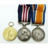 British Army WWI medals comprising Military Medal, War Medal and Victory Medal named to 245324 Pte/