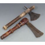 Two African tribal axes with leather grips, longest 33cm